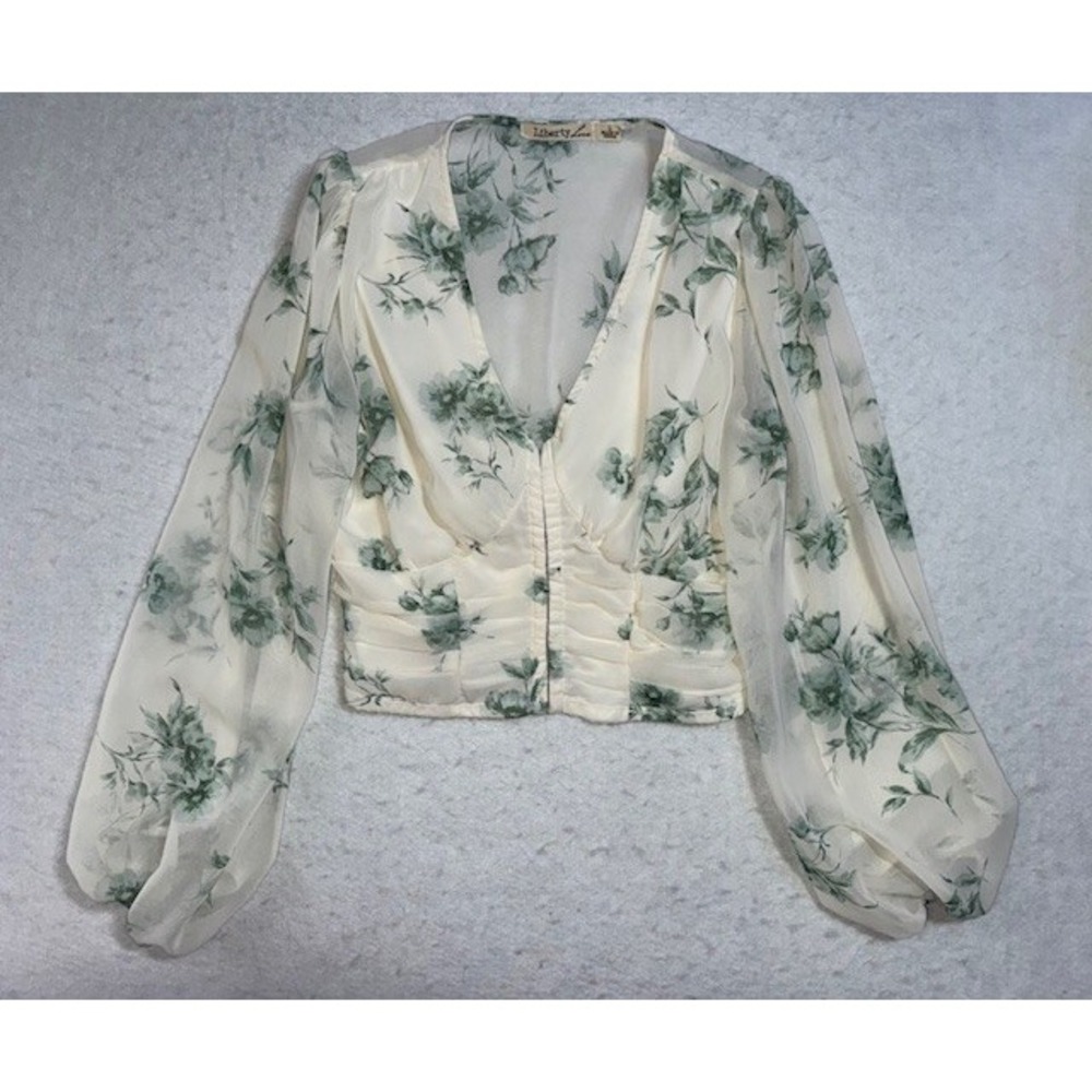 Liberty Love Fairy Flowy Crop Floral Sheer Cottagecore LRG Balloon Sleeve Top